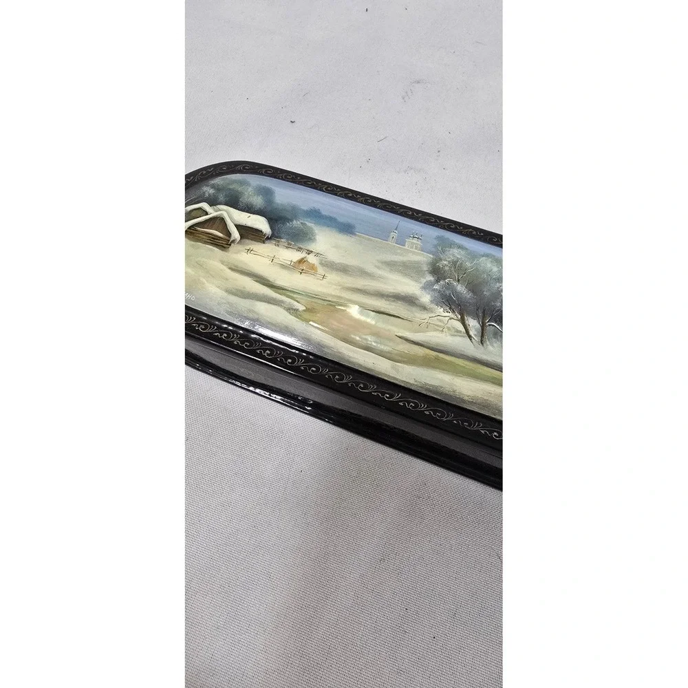 Vtg Russian Lacquer hard eyeglass case box hand painted Fedoskino nature
